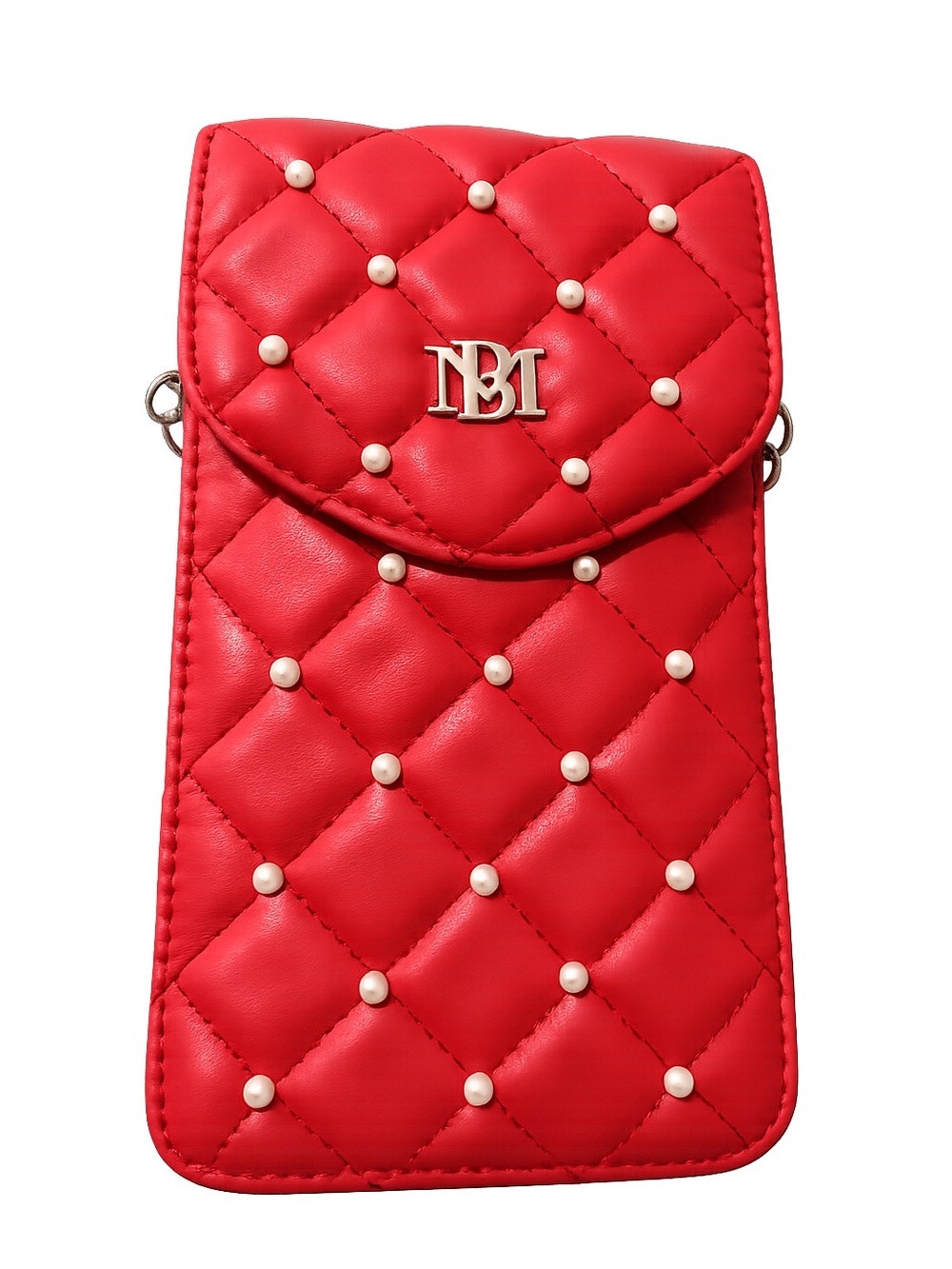 Badgley Mischka Red Quilted Phone Crossbody with Pearls